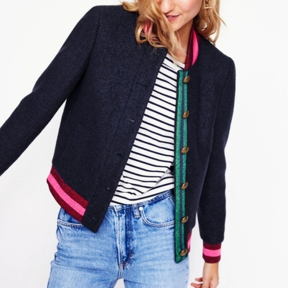 Boden Navy Boiled Wool Blend Bomber Jacket Sz 16 Preppy Academia Back To School - Picture 2 of 14